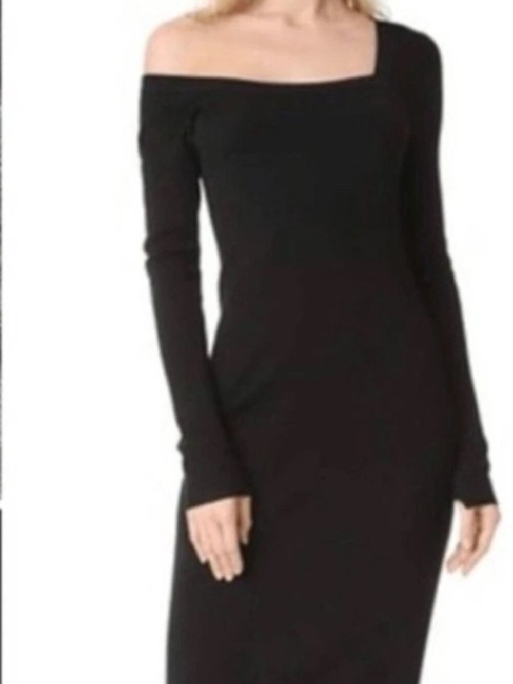 A.L.C.  Asymmetrical Merino Wool Ribbed Knit Black Bodycon Midi Dress